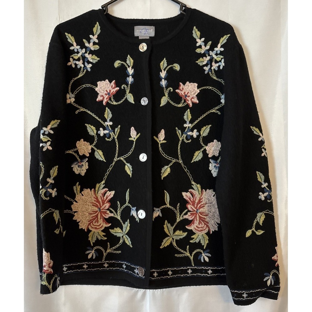 Carroll Reed Cardigan Sweater 100% Wool Embroidered Flowers Front &‎ Back  PL